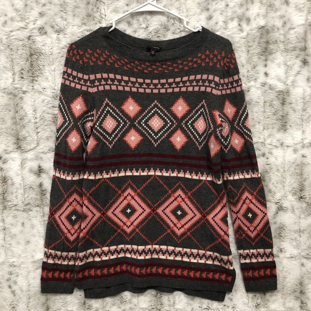 TALBOTS Women's Gray Lambswool Blend Diamond Sweater XS